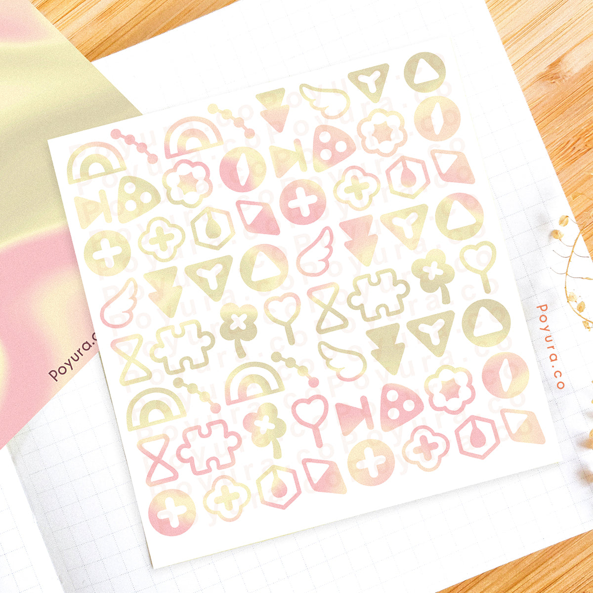 Borderless sticker with cute shape cutouts in different yellow and pink tints