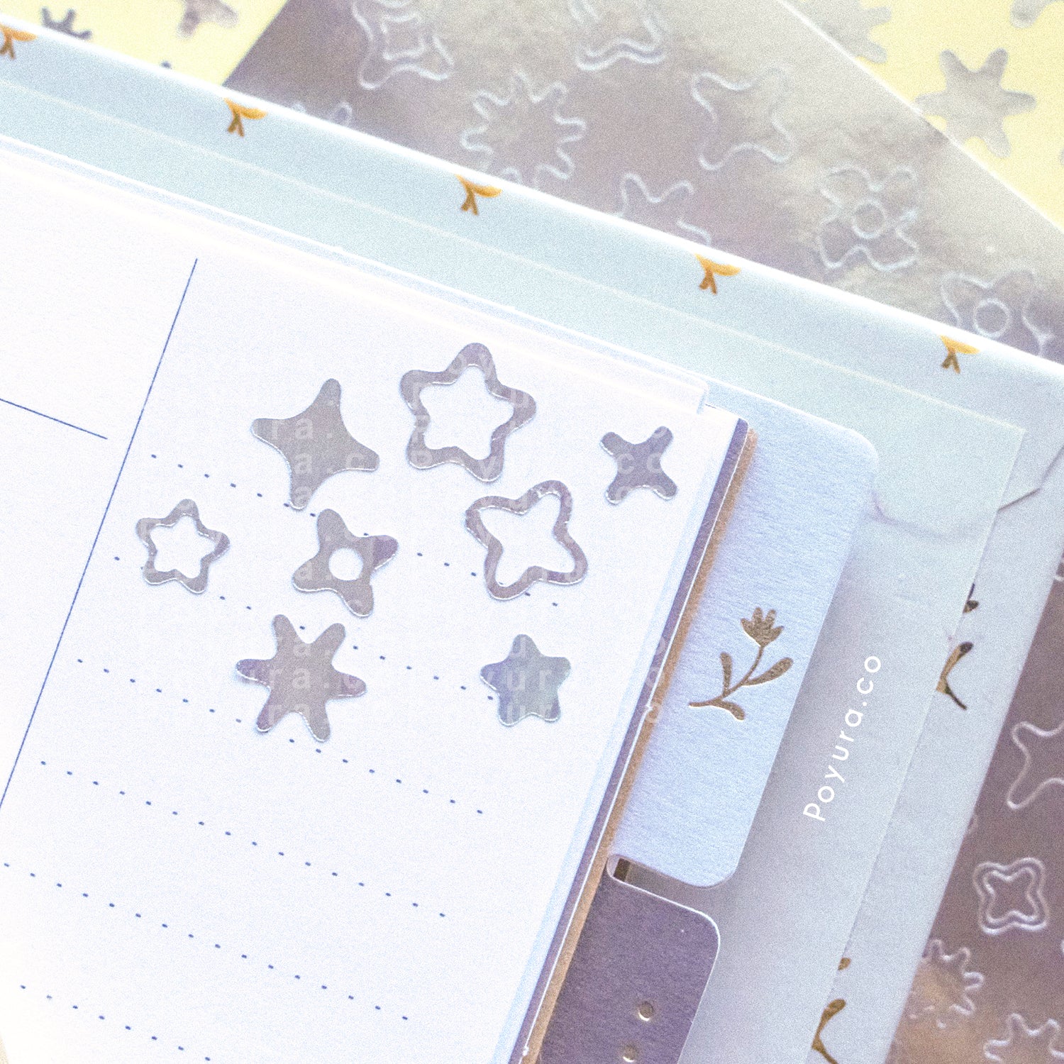 Borderless sticker with sparkle cutouts in silver foil