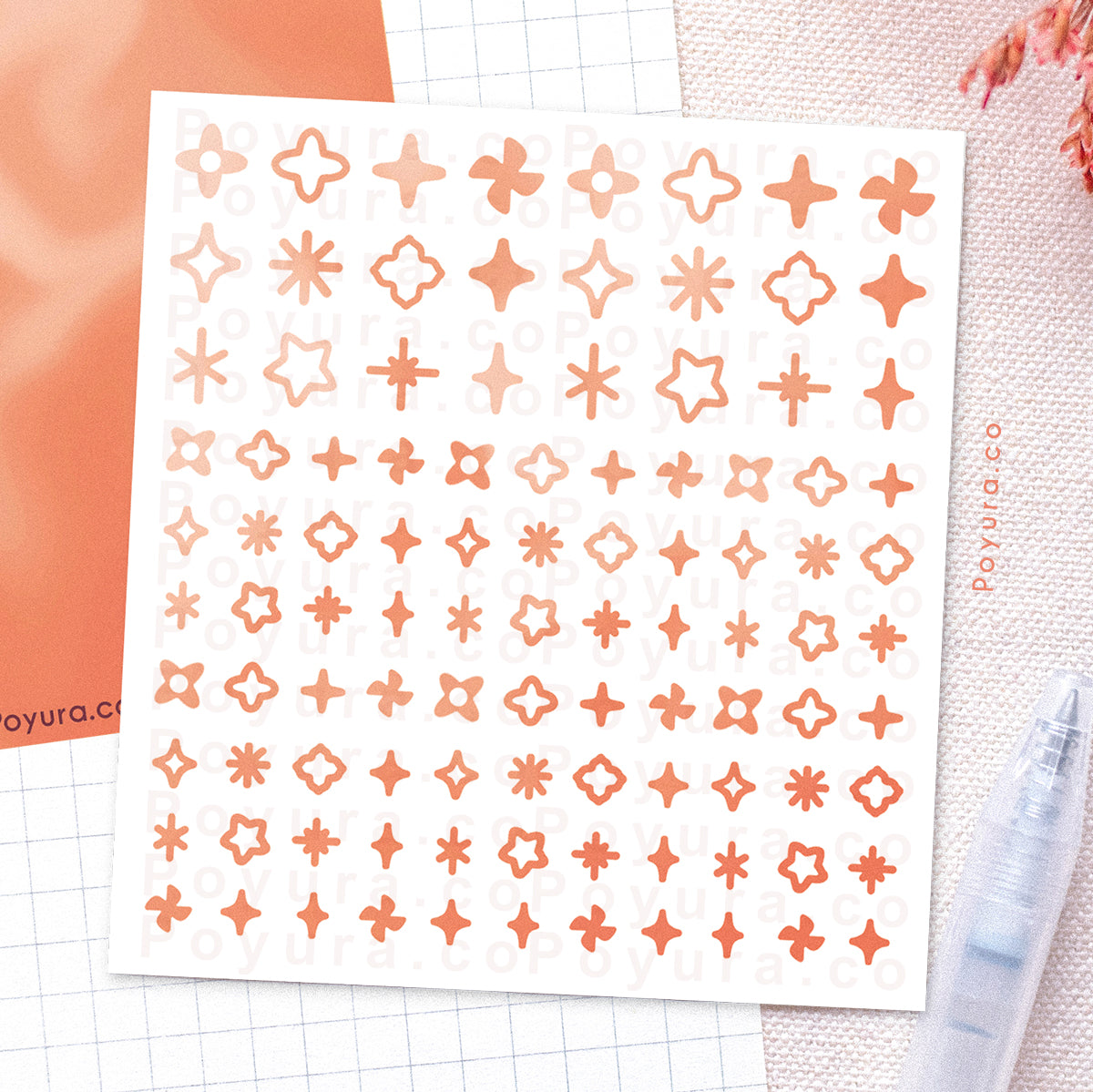 Borderless sticker with sparkle cutouts in different orange tints