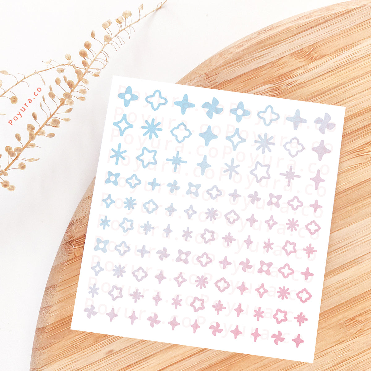 Borderless sticker with sparkle cutouts in different pink and blue tints