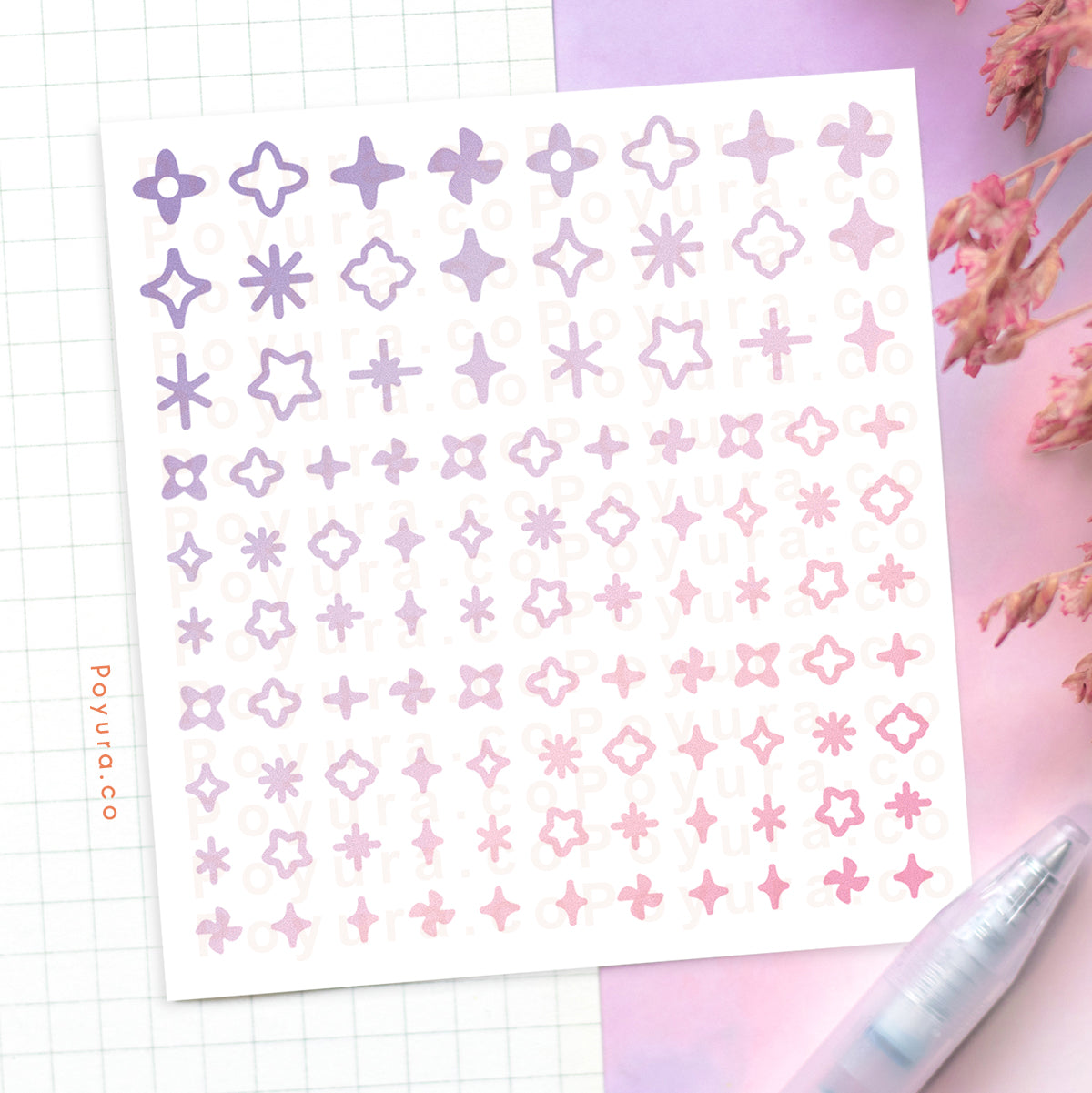Borderless sticker with sparkle cutouts in different pink and purple tints