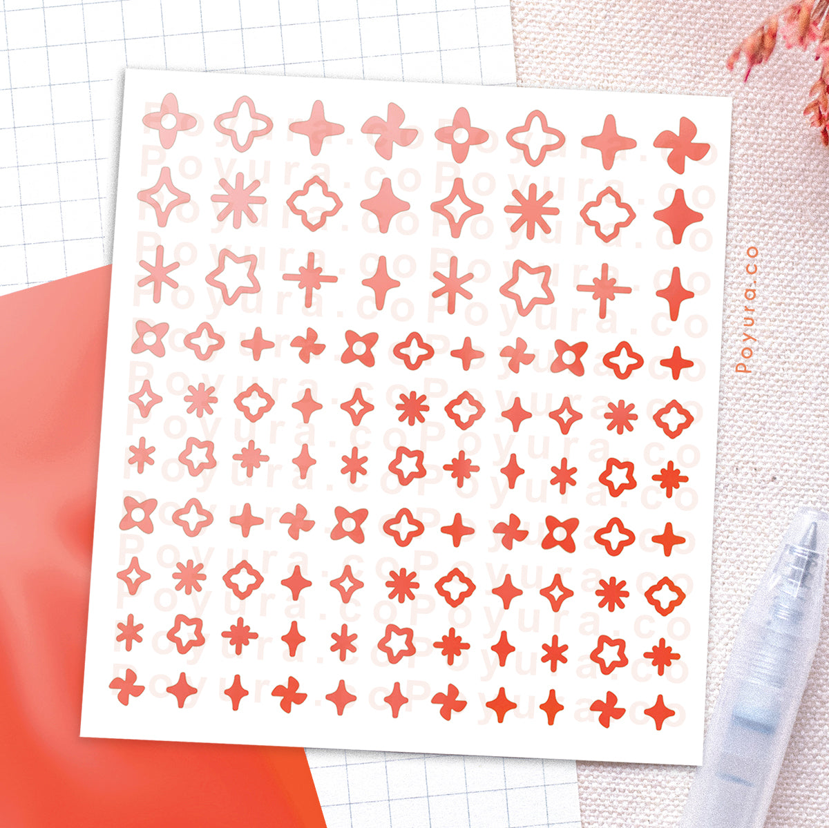 Borderless sticker with sparkle cutouts in different red tints