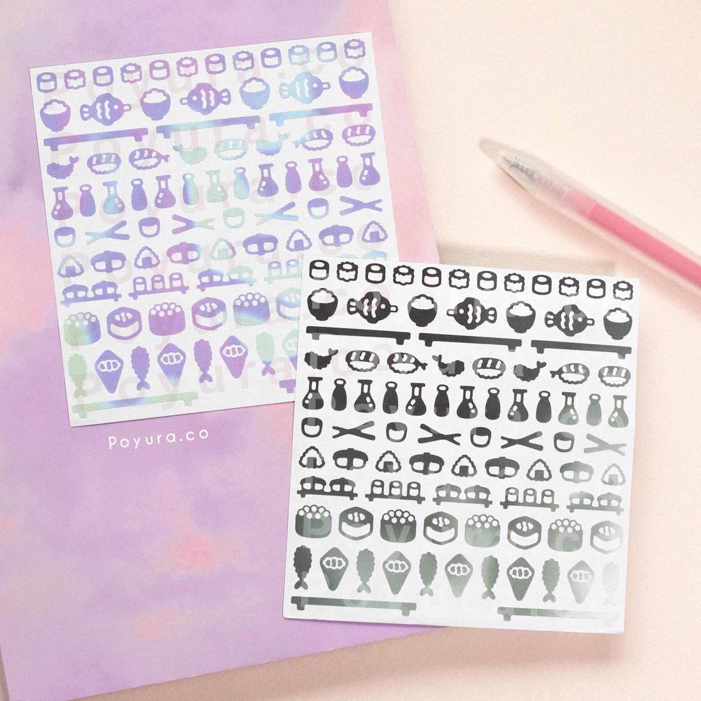 Two borderless stickers, one with grey sushi and rice cutouts and the other in purple and blue