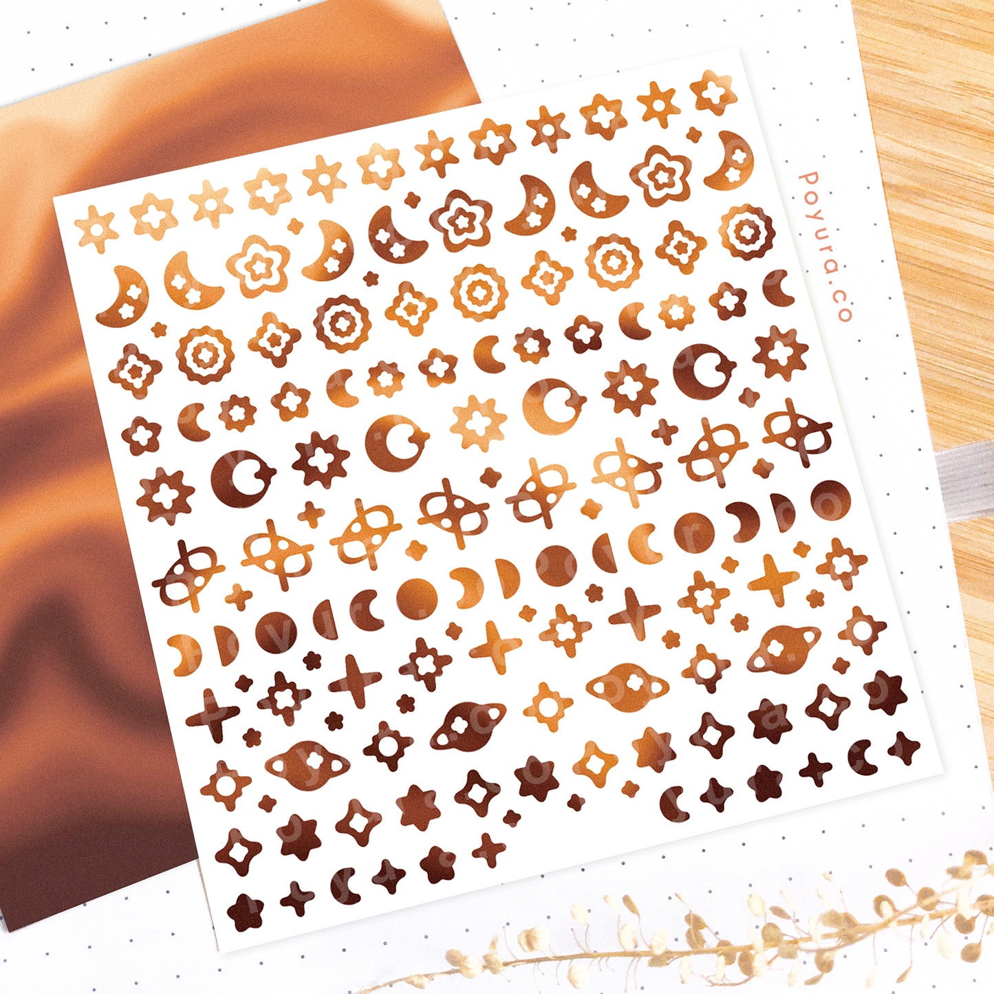 Borderless sticker with the sun and moon cutouts in different brown tints