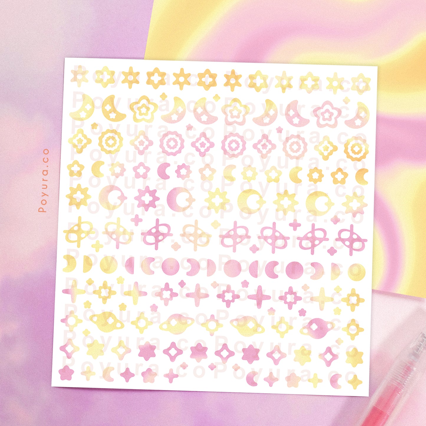 Borderless sticker with the sun and moon cutouts in different yellow, orange, and pink tints