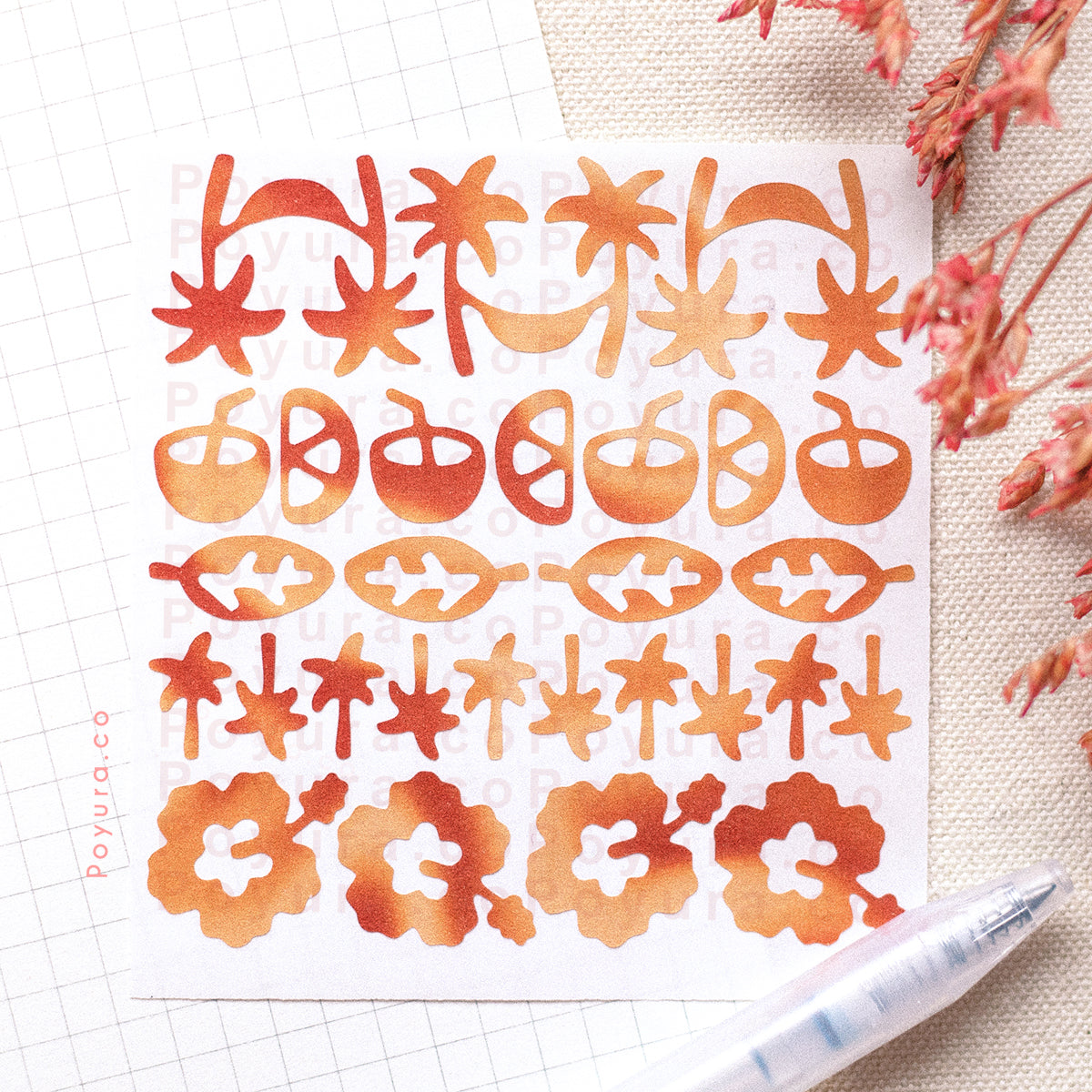 Borderless sticker with tropical flowers and snacks cutouts in different red and orange tints