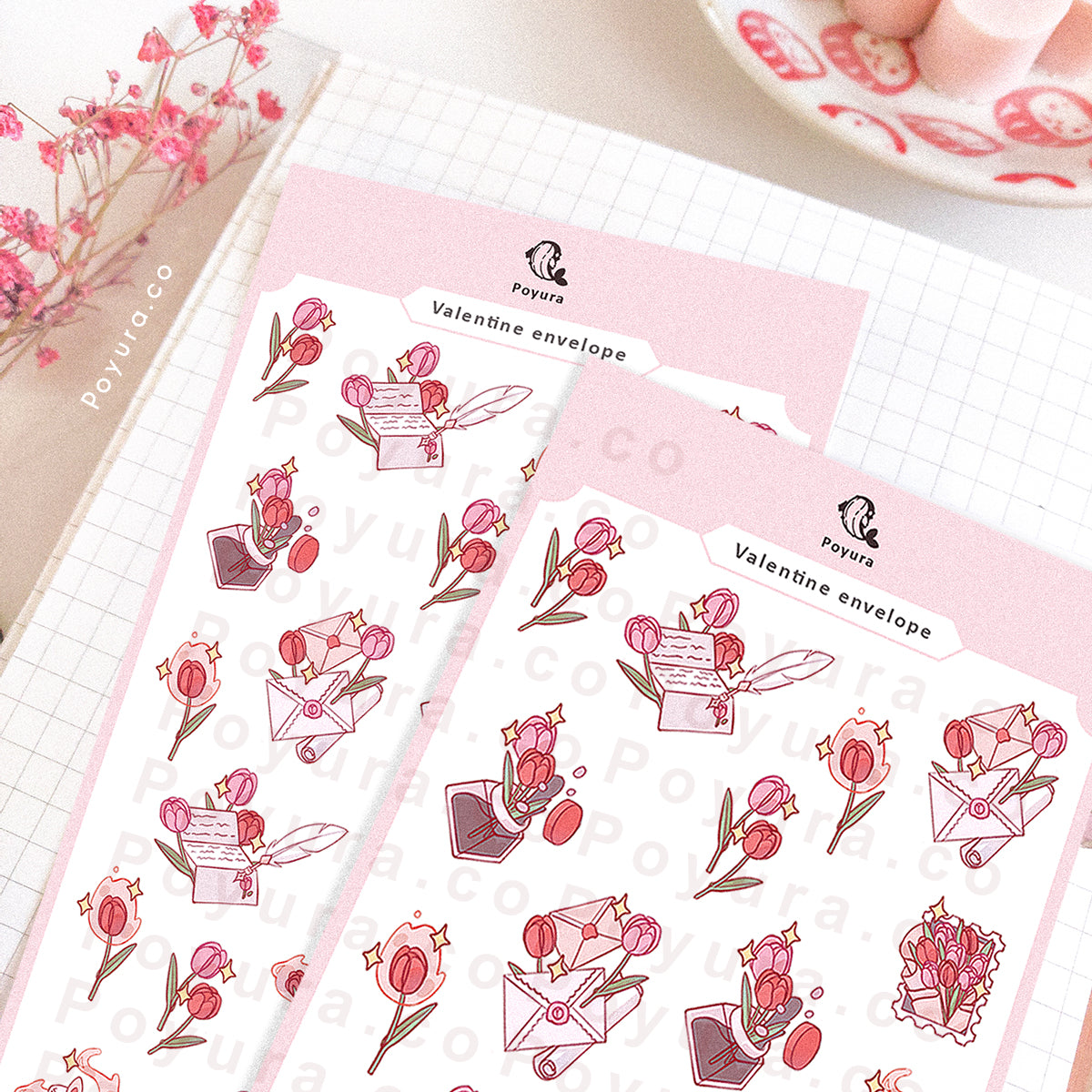 Sticker sheet of cute Valentine stationery with tulip flowers