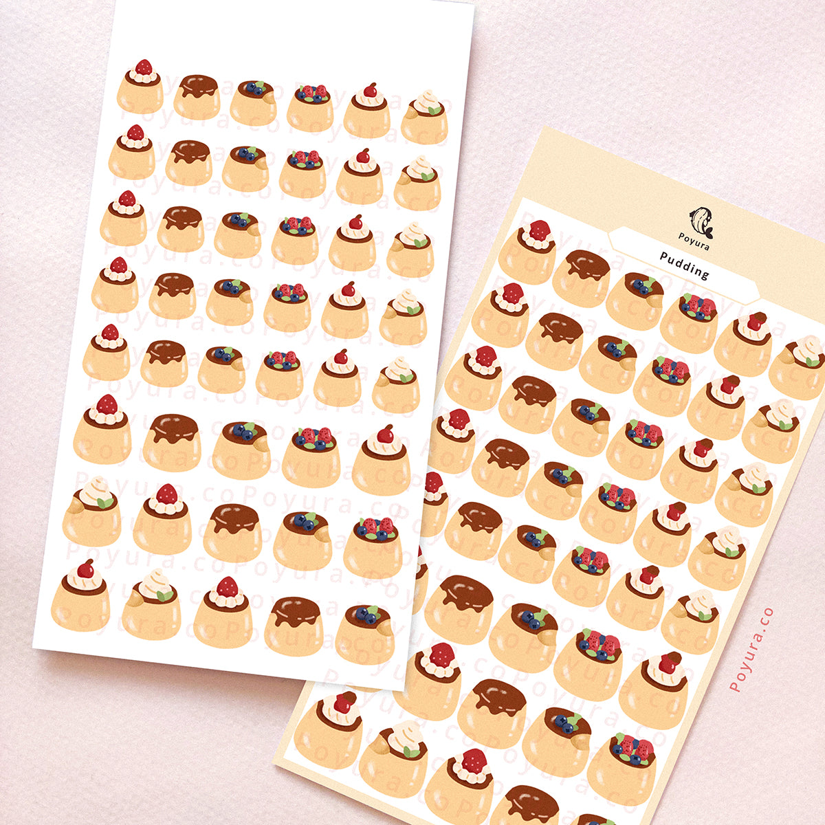 Sticker sheet of yellow vanilla puddings.