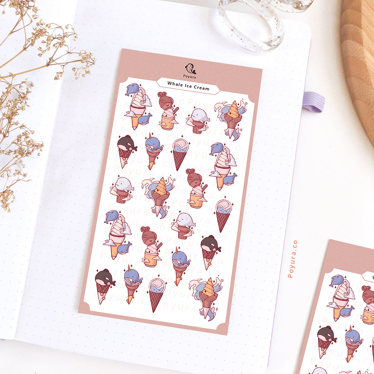 Sticker sheet of cute humpback, beluga, and killer whale on an ice cream cone