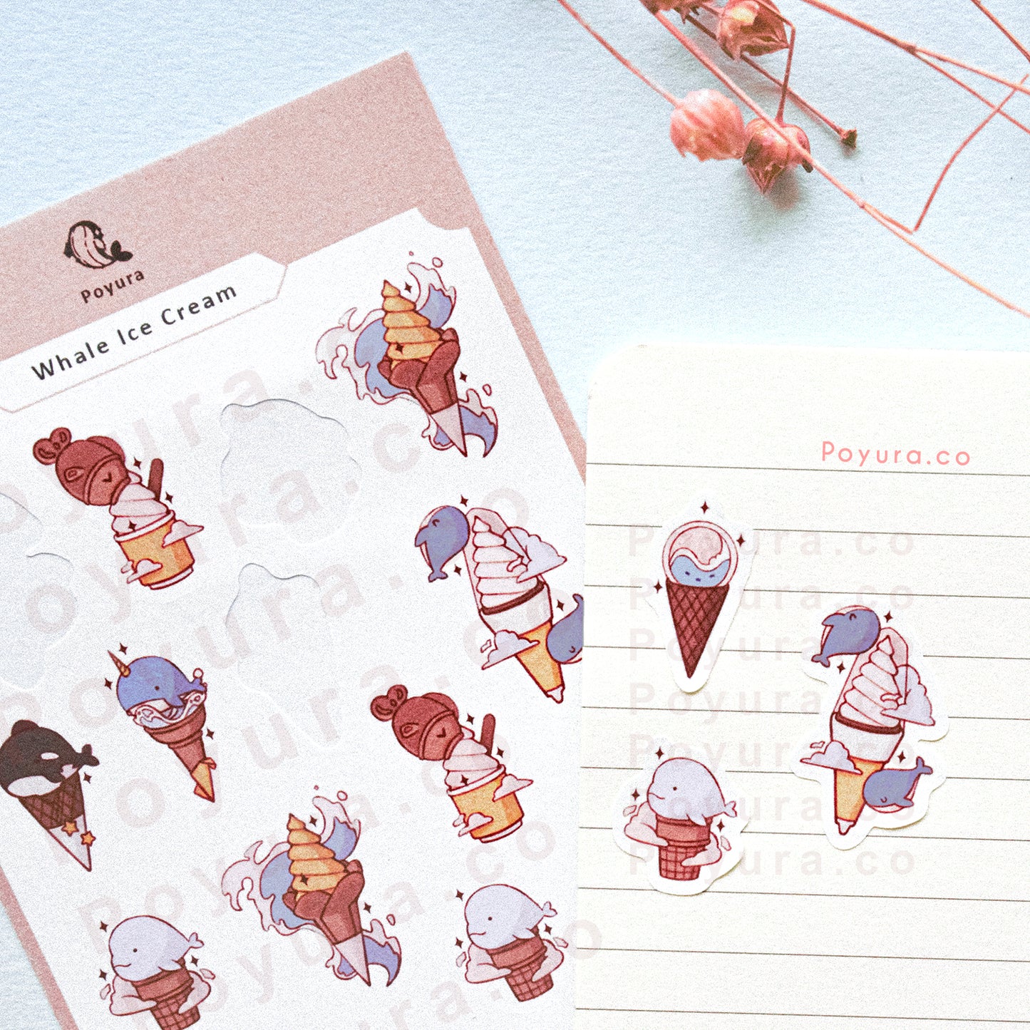 Stickers of cute humpback, beluga, and killer whale on an ice cream cone on a journal
