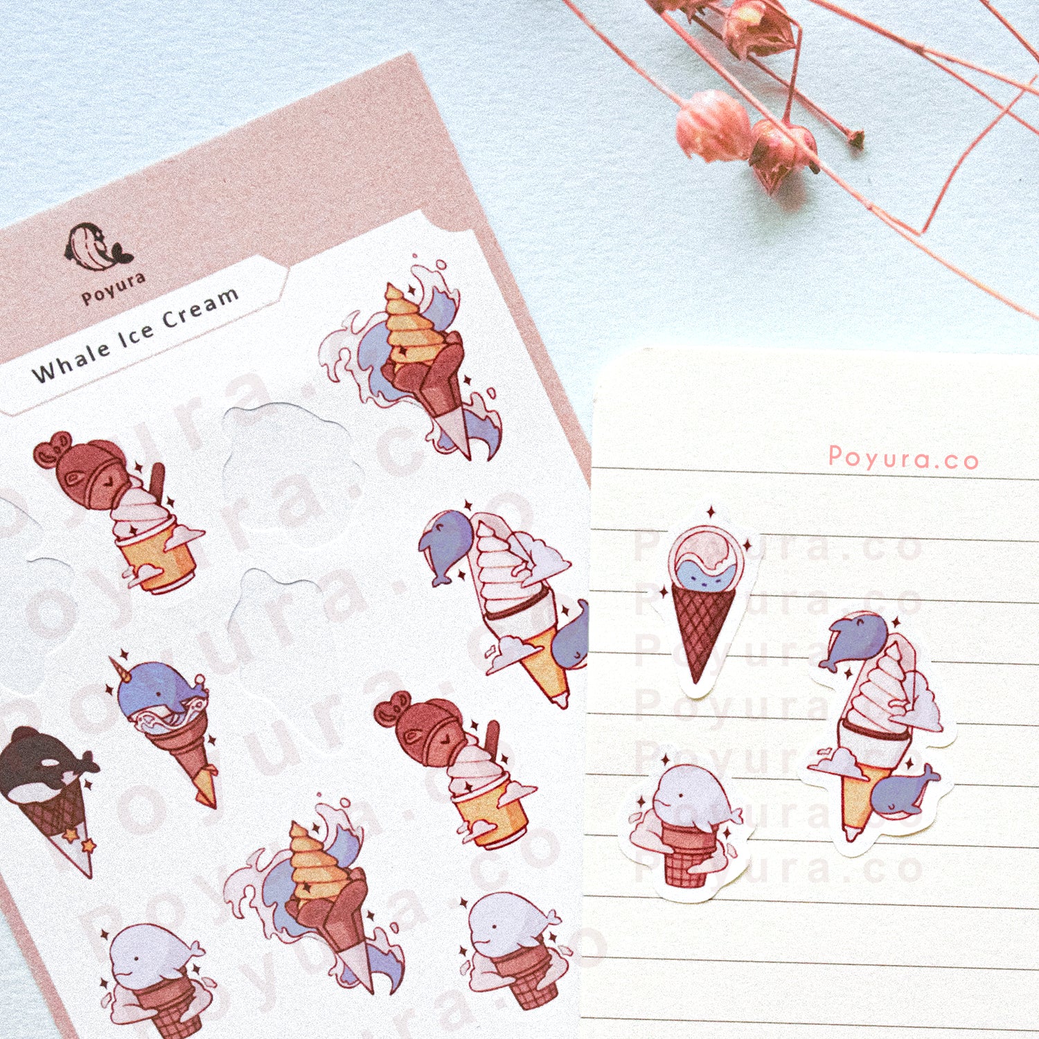 Stickers of cute humpback, beluga, and killer whale on an ice cream cone on a journal