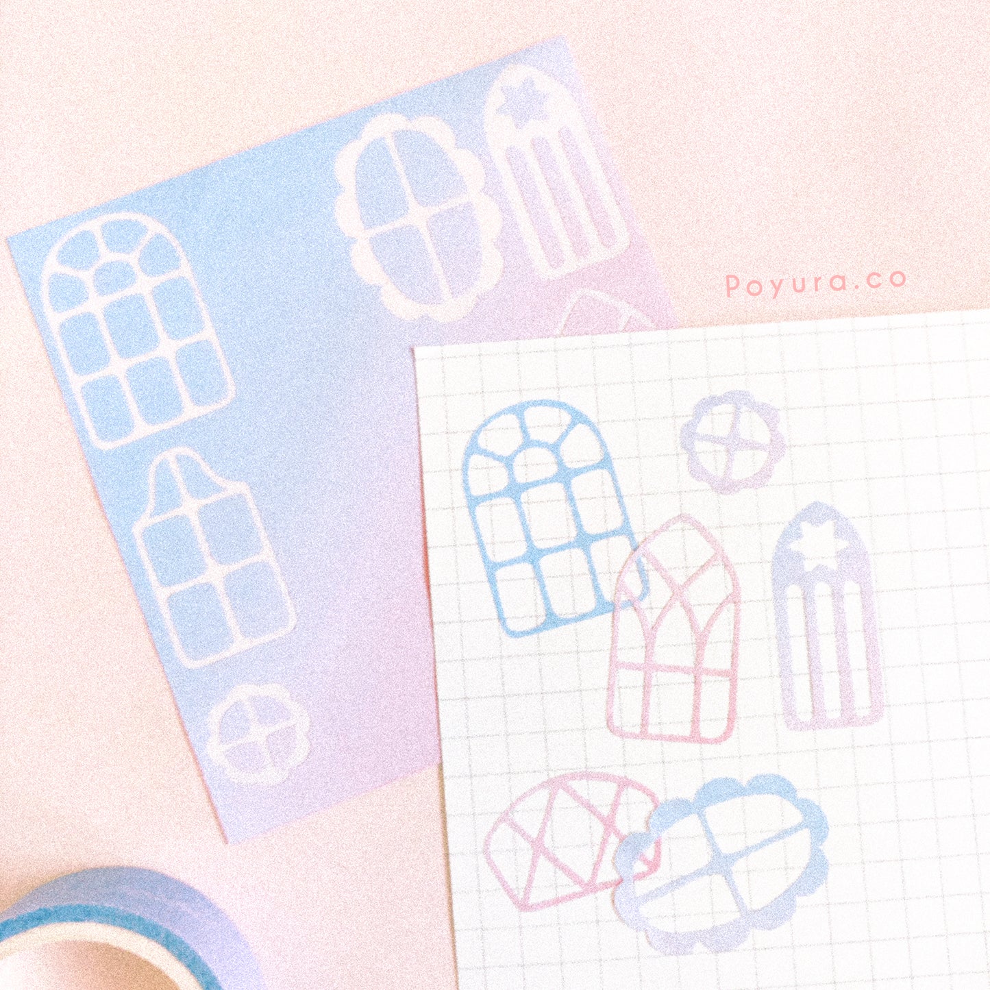 Borderless sticker with cutouts of window frames in different blue and pink tints