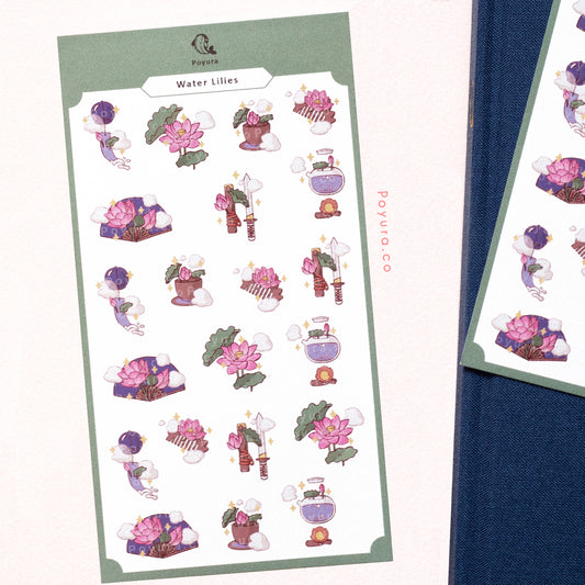 Water lily sticker sheet Japanese Korean cute aesthetic stationery polco kpop journal toploader deco oriental Chinese clouds fan tea ceremony lotus flower sword red umbrella