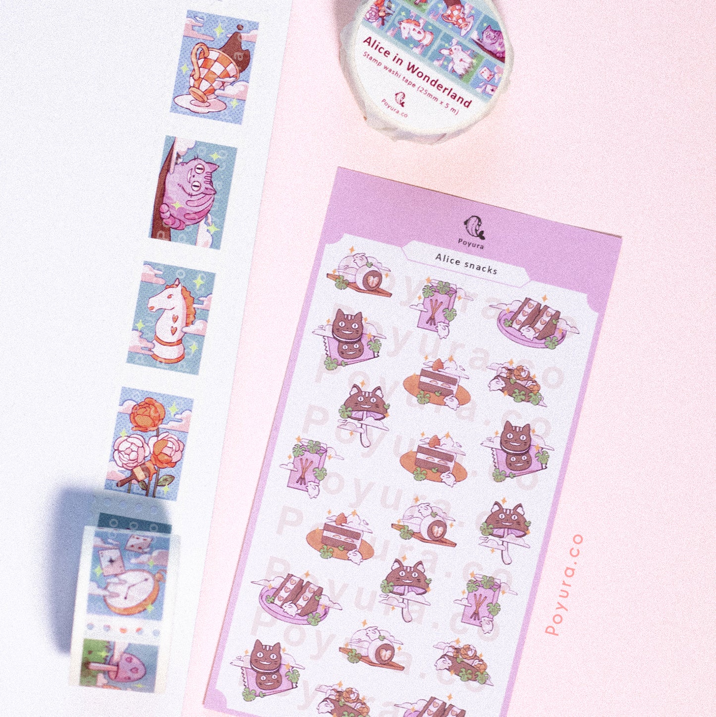 Alice in wonderland sticker sheet stamp washi tape bundle set Japanese Korean cute aesthetic stationery polco kpop journal toploader deco mad hatter cat bunny watch playing card rose flower chess queen of heart high tea party mushroom blue