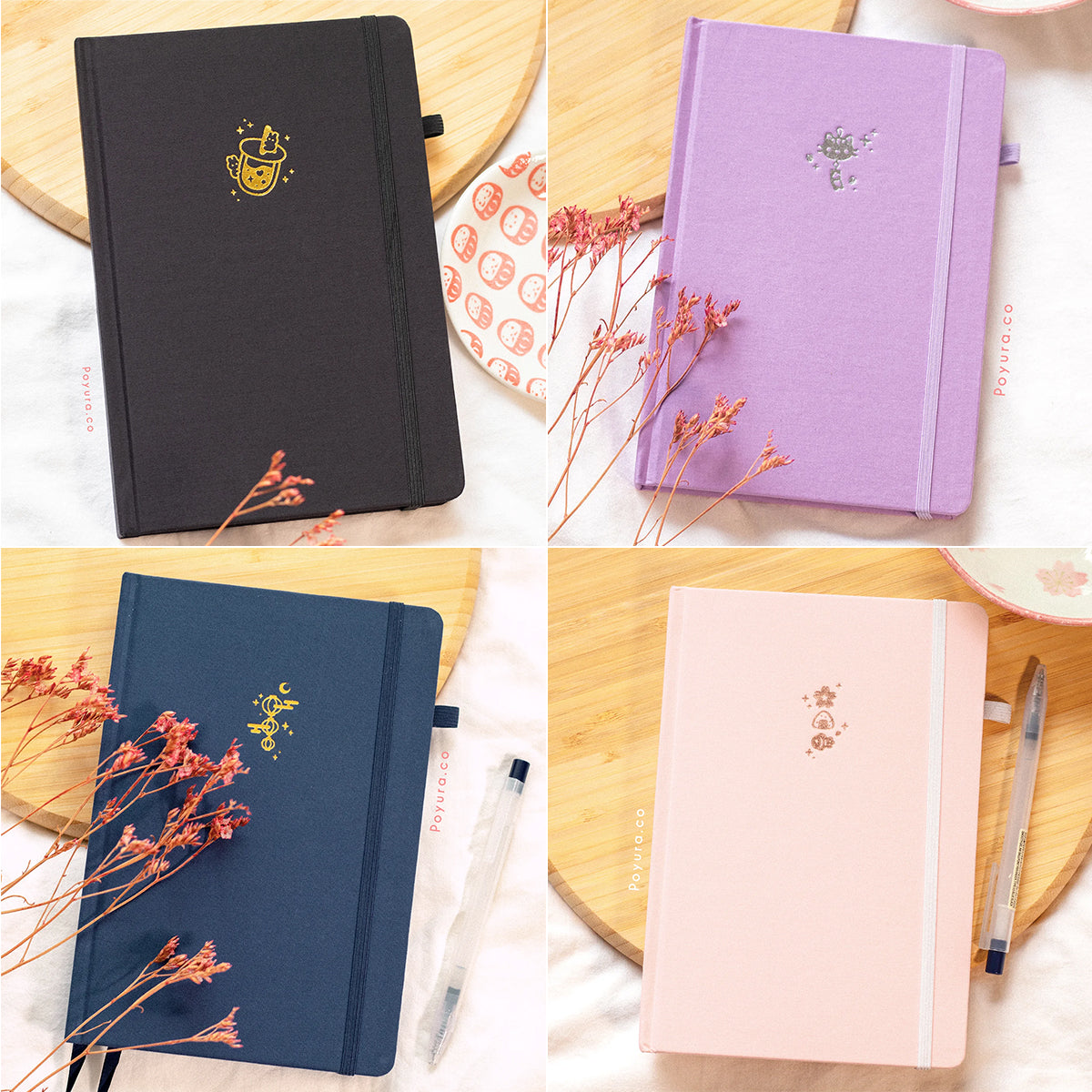 Four different colored A5 linen hardcover Asian themed bullet journal with foil finish