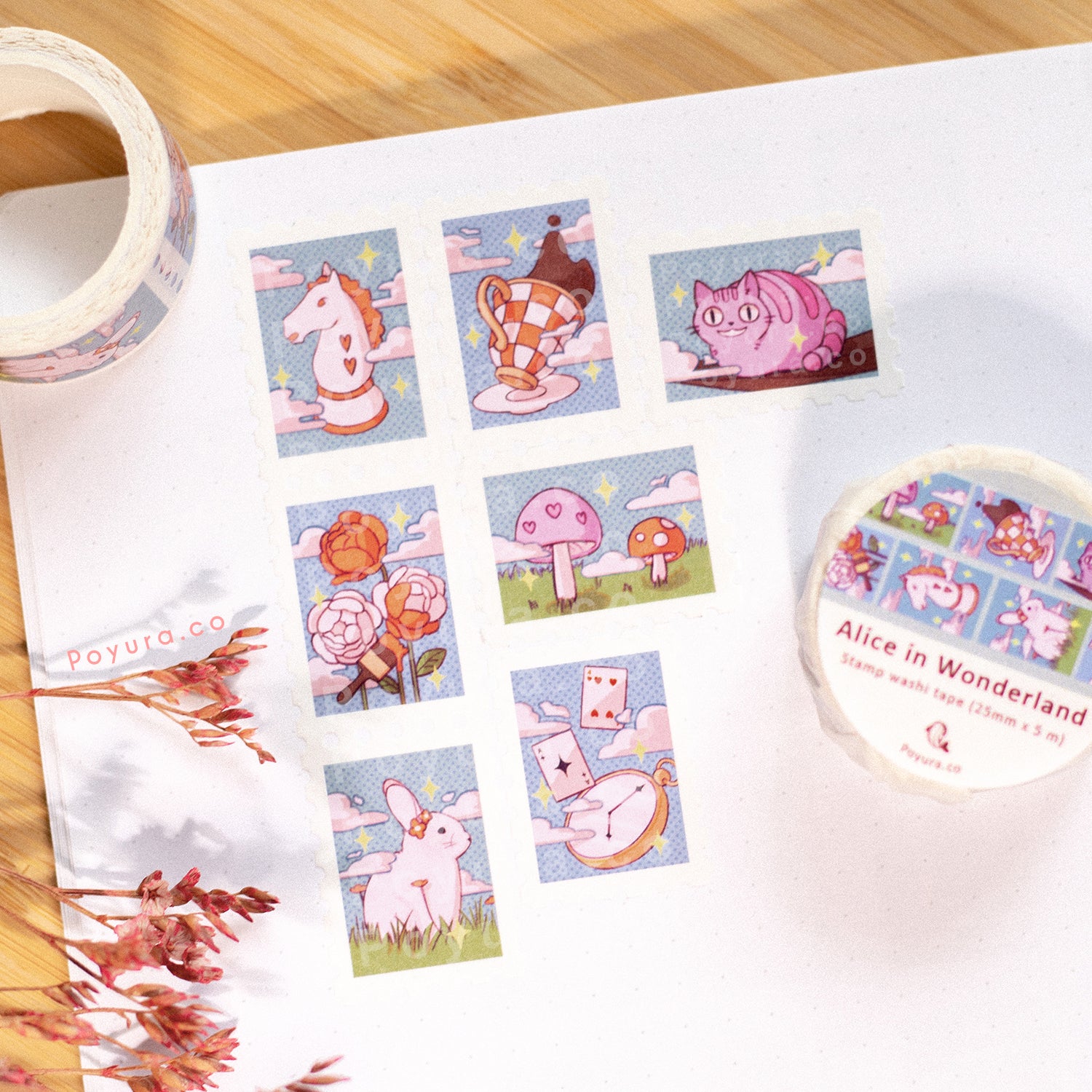 Seven different stamp washi tape designs of Alice in Wonderland tea time
