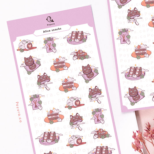 Sticker sheet of cute Alice in Wonderland ice cream waffles, mochi snacks