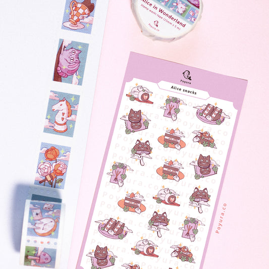 Set of matching stamp washi tape and sticker sheet of Alice in Wonderland