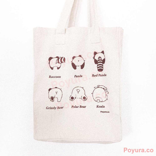 Big canvas tote bag with a screen-print of six animal butts