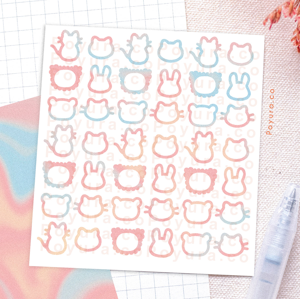 Borderless sticker with cute cat and bunny animal cutouts in different pink and blue tints