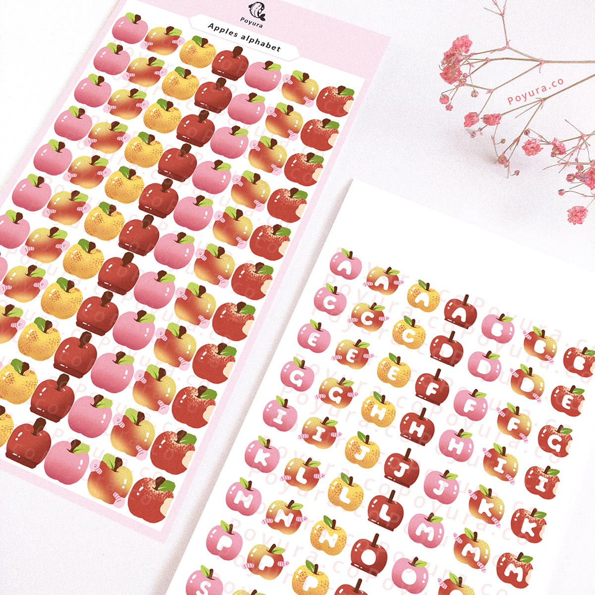 Sticker sheet of cute apples with alphabet letter cutouts