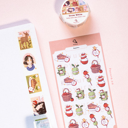 Set of matching stamp washi tape and sticker of cute red and green apple aesthetic and pie,