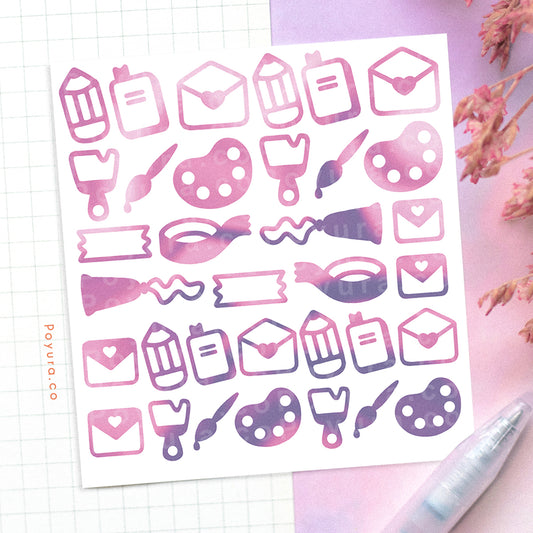 Borderless sticker with cute art supply and stationery cutouts in different purple tints