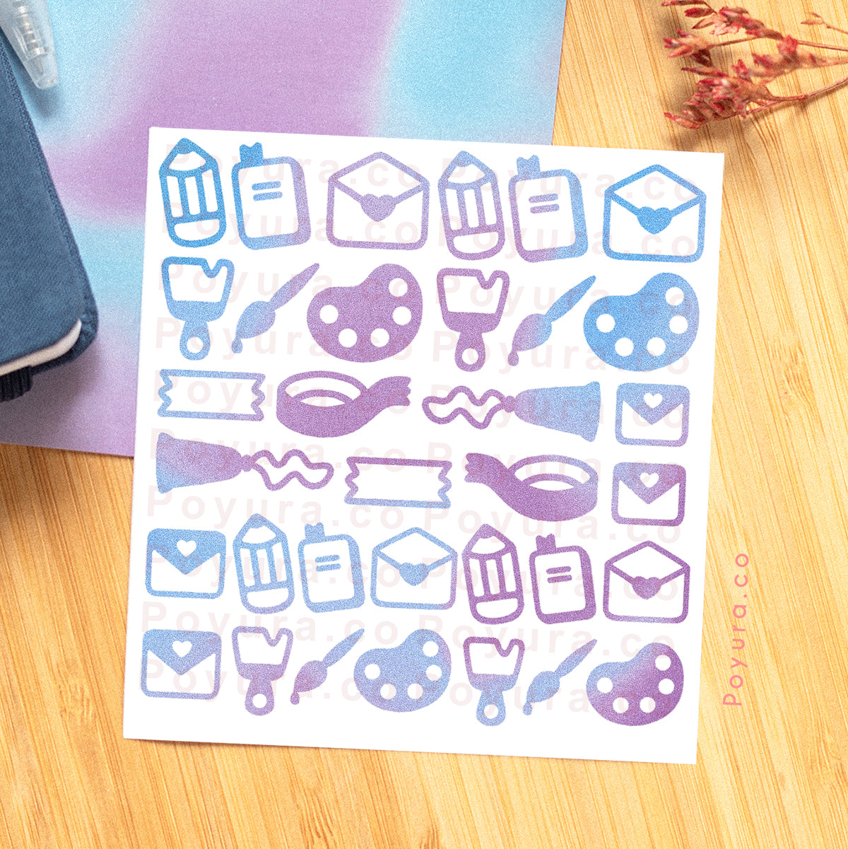 Borderless sticker with art supply cutouts in different blue and purple tints