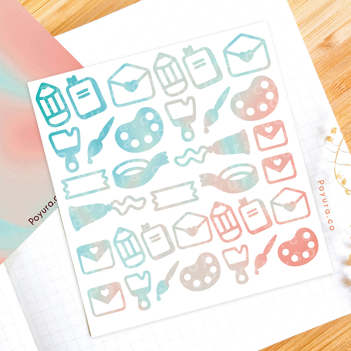 Borderless sticker with cute art supply and stationery cutouts in different teal and orange tints