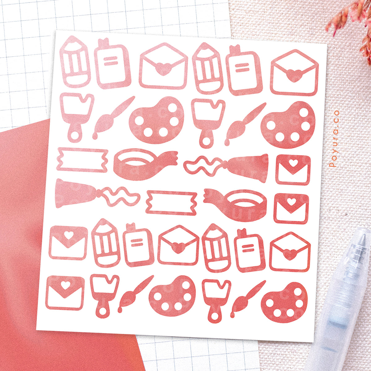 Borderless sticker with cute art supply and stationery cutouts in different red tints