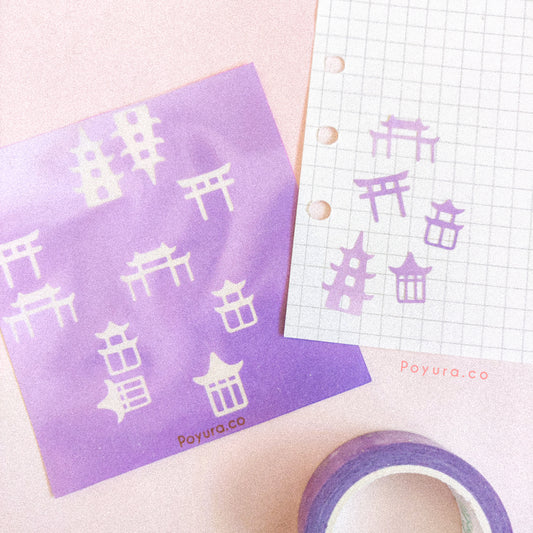 Borderless sticker with Asian building cutouts in different purple tints
