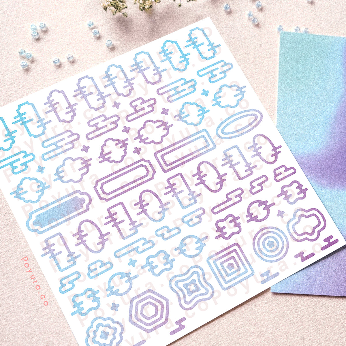 Borderless sticker with Asian cloud frame cutouts in different blue and purple tints