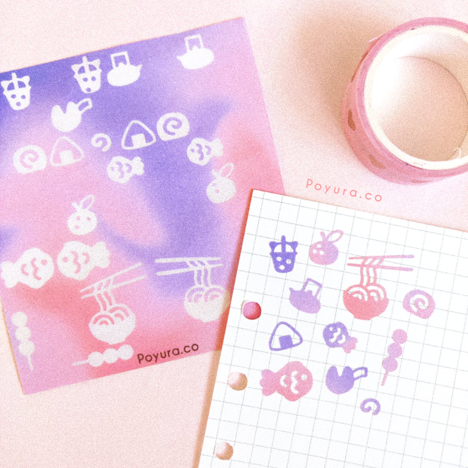 Borderless sticker with cutouts of Asian food and snacks in different pink and purple tints