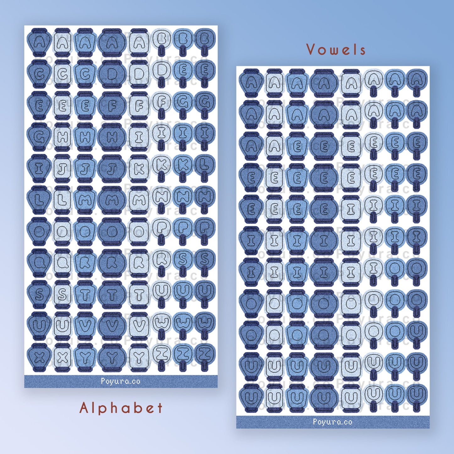 Sticker sheet of blue Asian lanterns and fans with alphabet letter cutouts