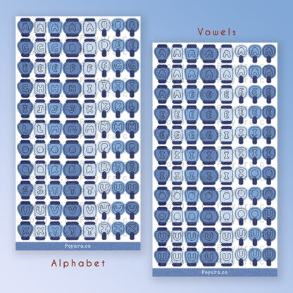 Sticker sheet of blue Asian lanterns and fans with alphabet letter cutouts