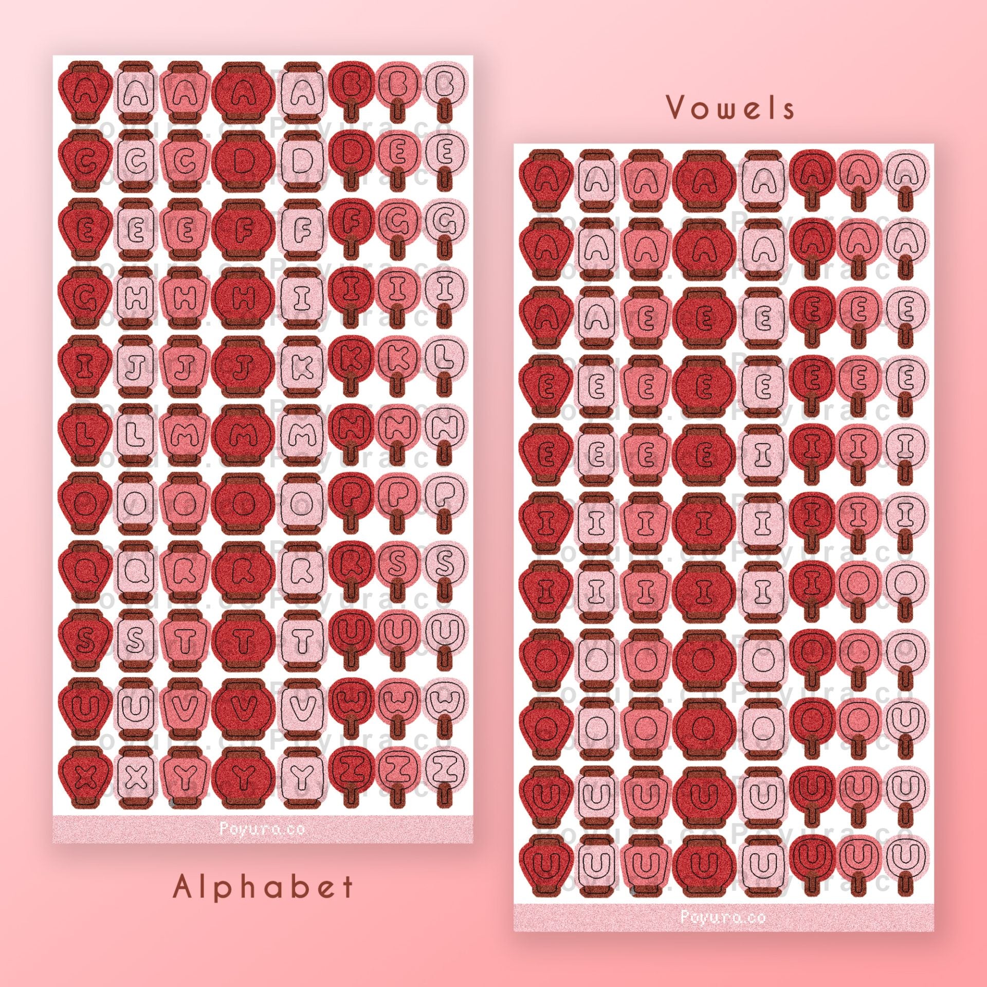 Sticker sheet of pink and red Asian lanterns and fans with alphabet letter cutouts