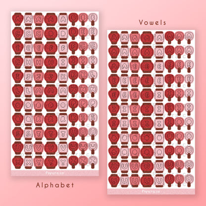 Sticker sheet of pink and red Asian lanterns and fans with alphabet letter cutouts