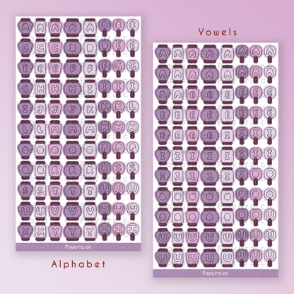 Sticker sheet of purple Asian lanterns and fans with alphabet letter cutouts