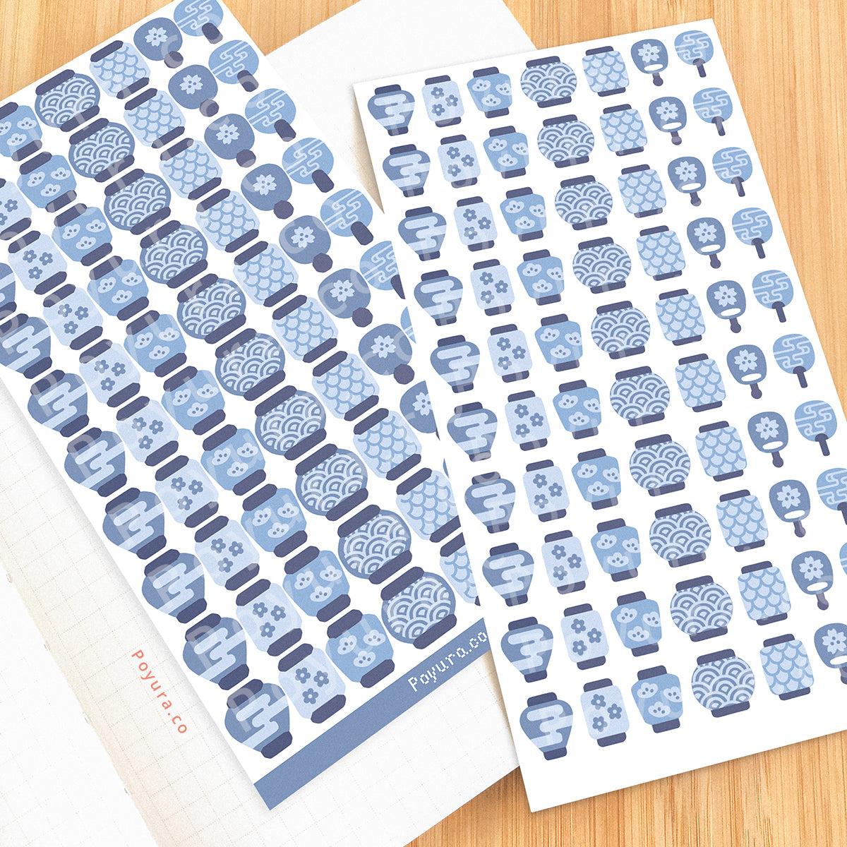 Sticker sheets of cute blue Asian lanterns and fans