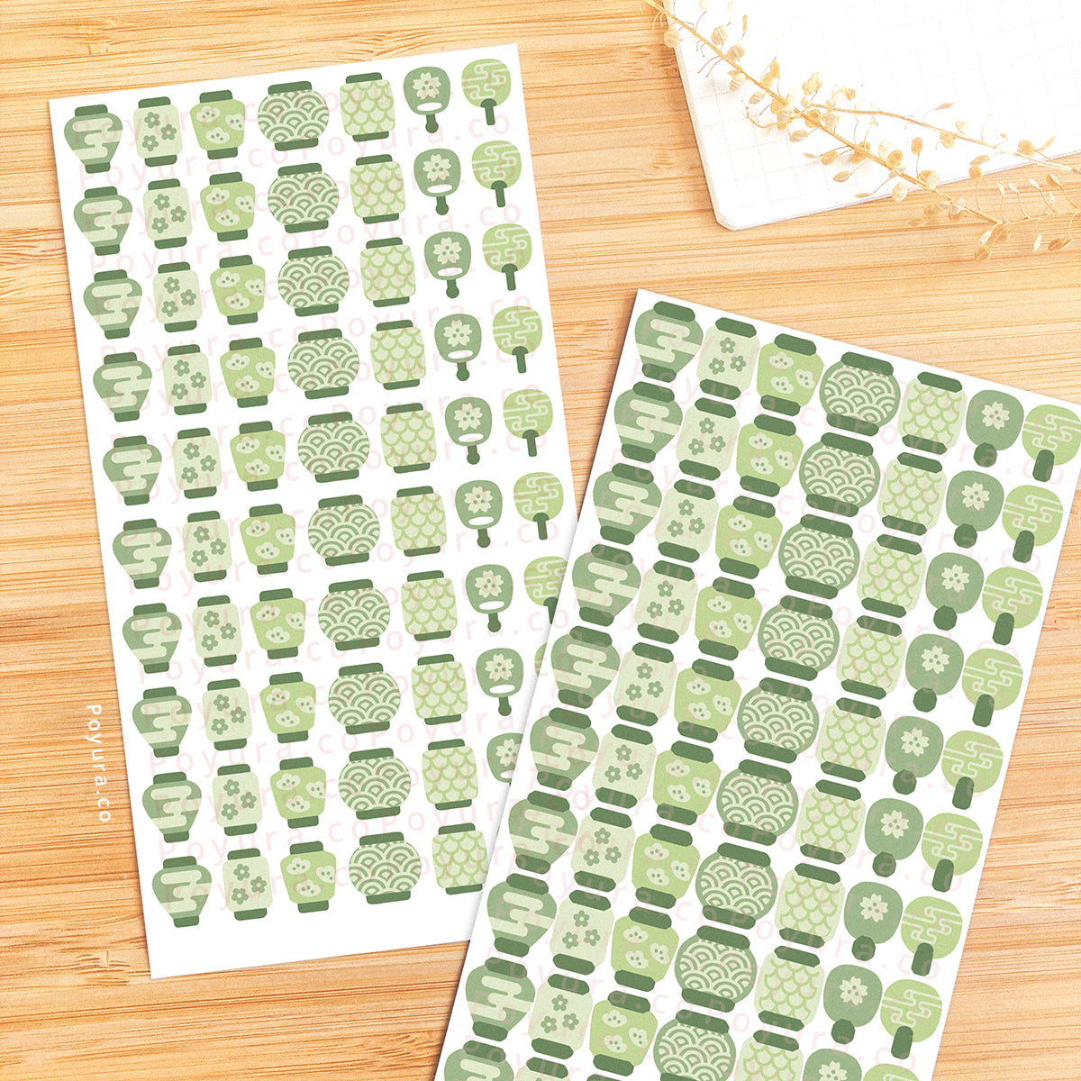 Sticker sheets of cute green Asian lanterns and fans