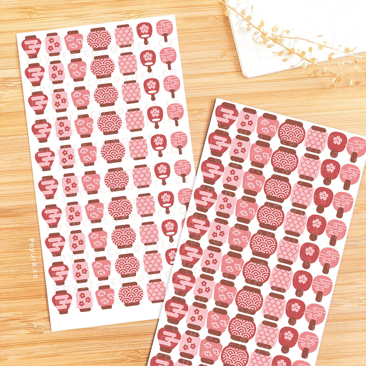 Sticker sheets of cute pink Asian lanterns and fans