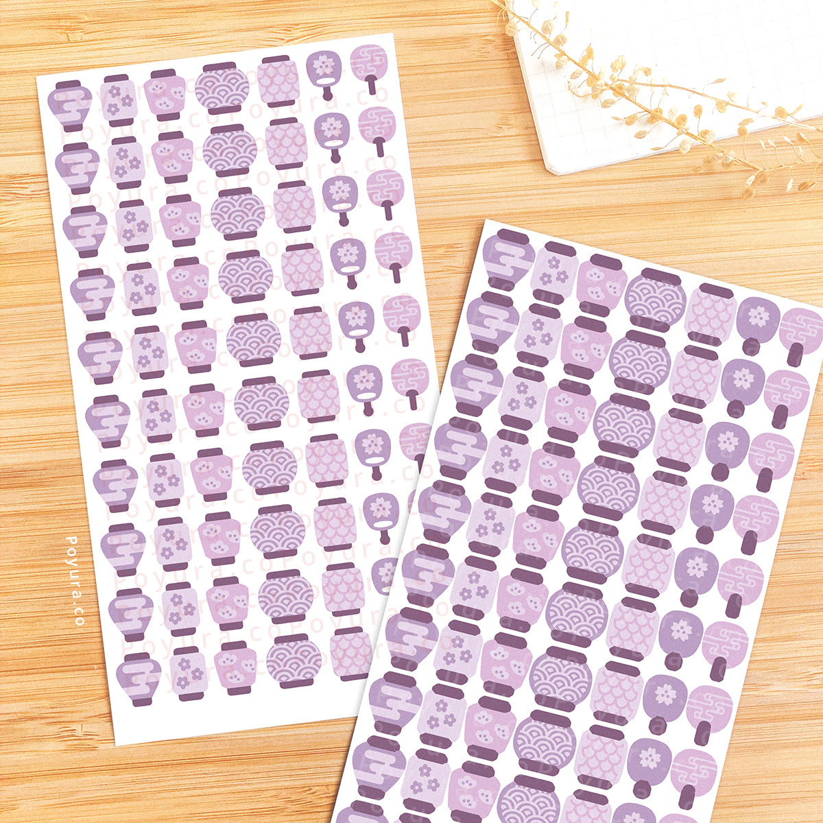 Sticker sheets of cute purple Asian lanterns and fans