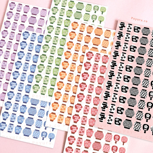 Set of 6 sticker sheets of cute Asian lanterns in different colors