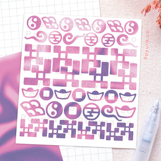 Borderless sticker with cutouts of Asian symbols in different purple tints