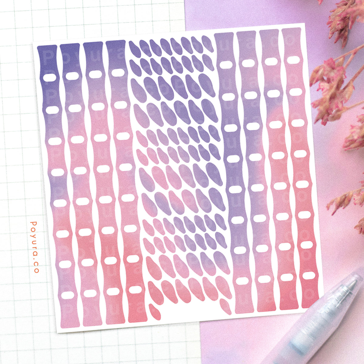 Borderless sticker with bamboo cutouts in different pink and purple tints