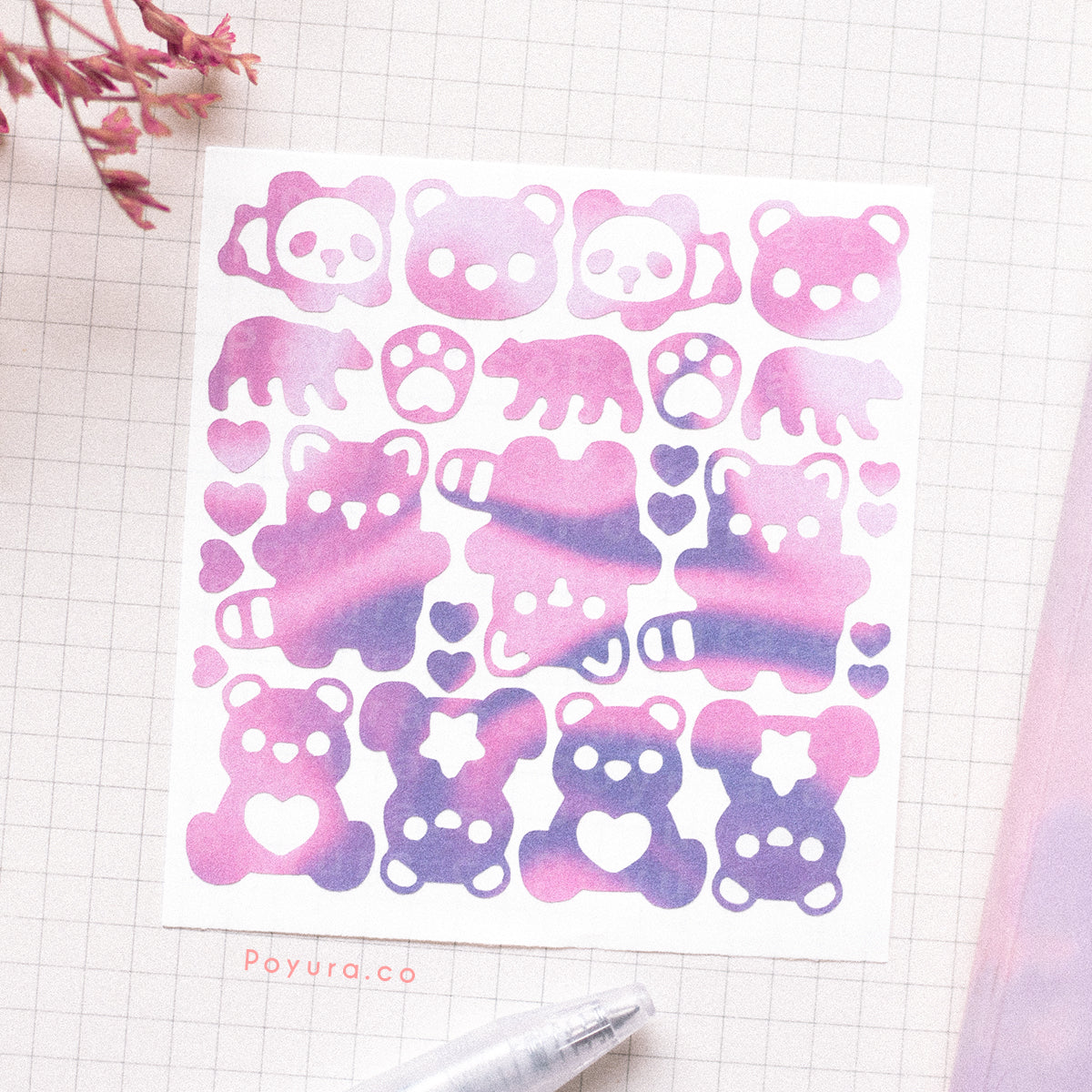 Borderless sticker with panda and red bear cutouts in different purple tints