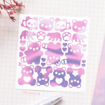 Borderless sticker with panda and red bear cutouts in different purple tints