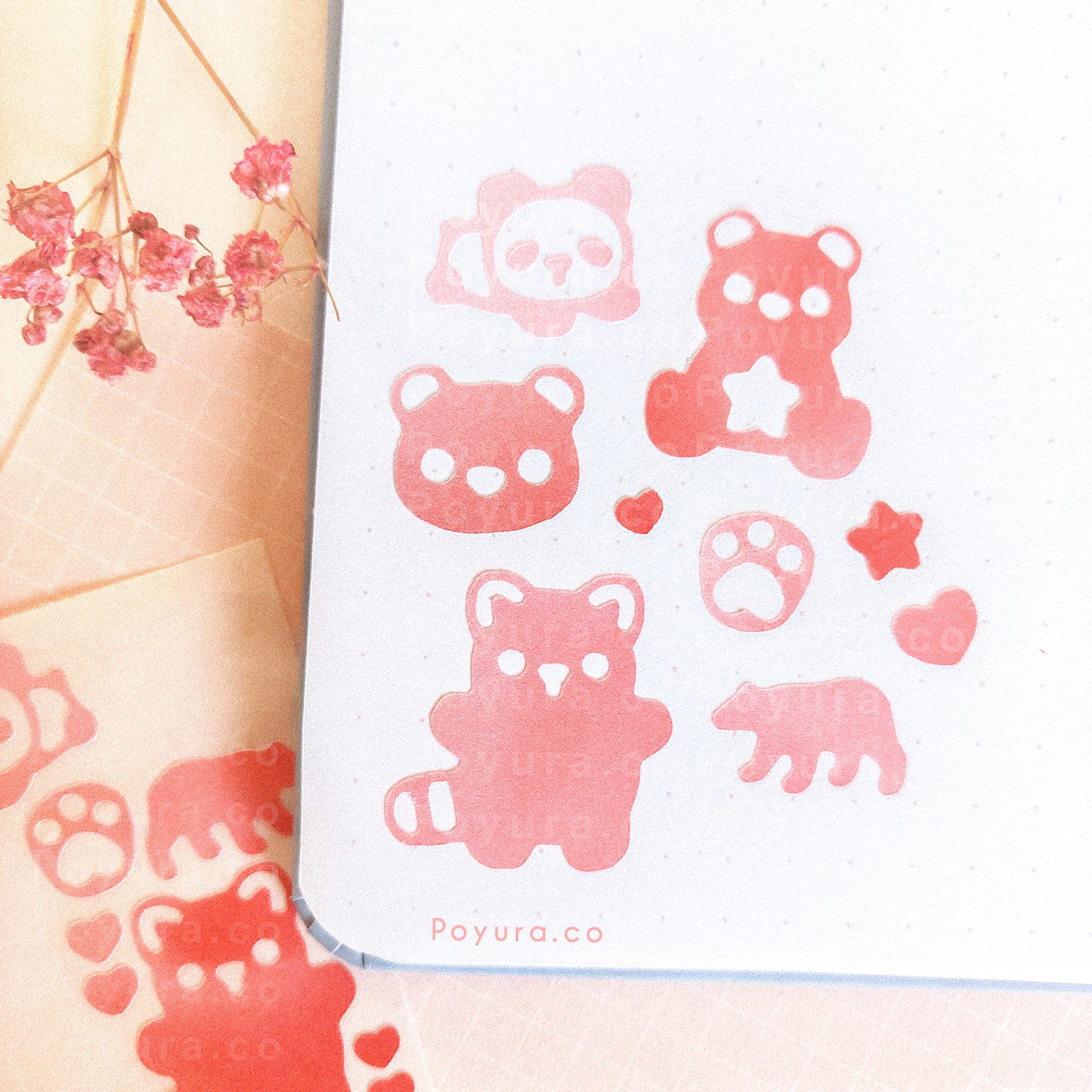 Borderless sticker with bear cutouts in red tints