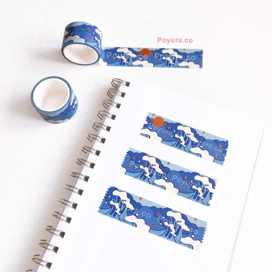 Daytime blue ocean beach washi tape with gold foil