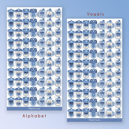 Sticker sheet of cute blue boba drinks with alphabet letter cutouts